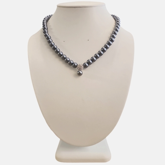 Classic Grey Imitation Pearl Beaded Necklace and ring Femme Silver tone - Picture 1 of 7